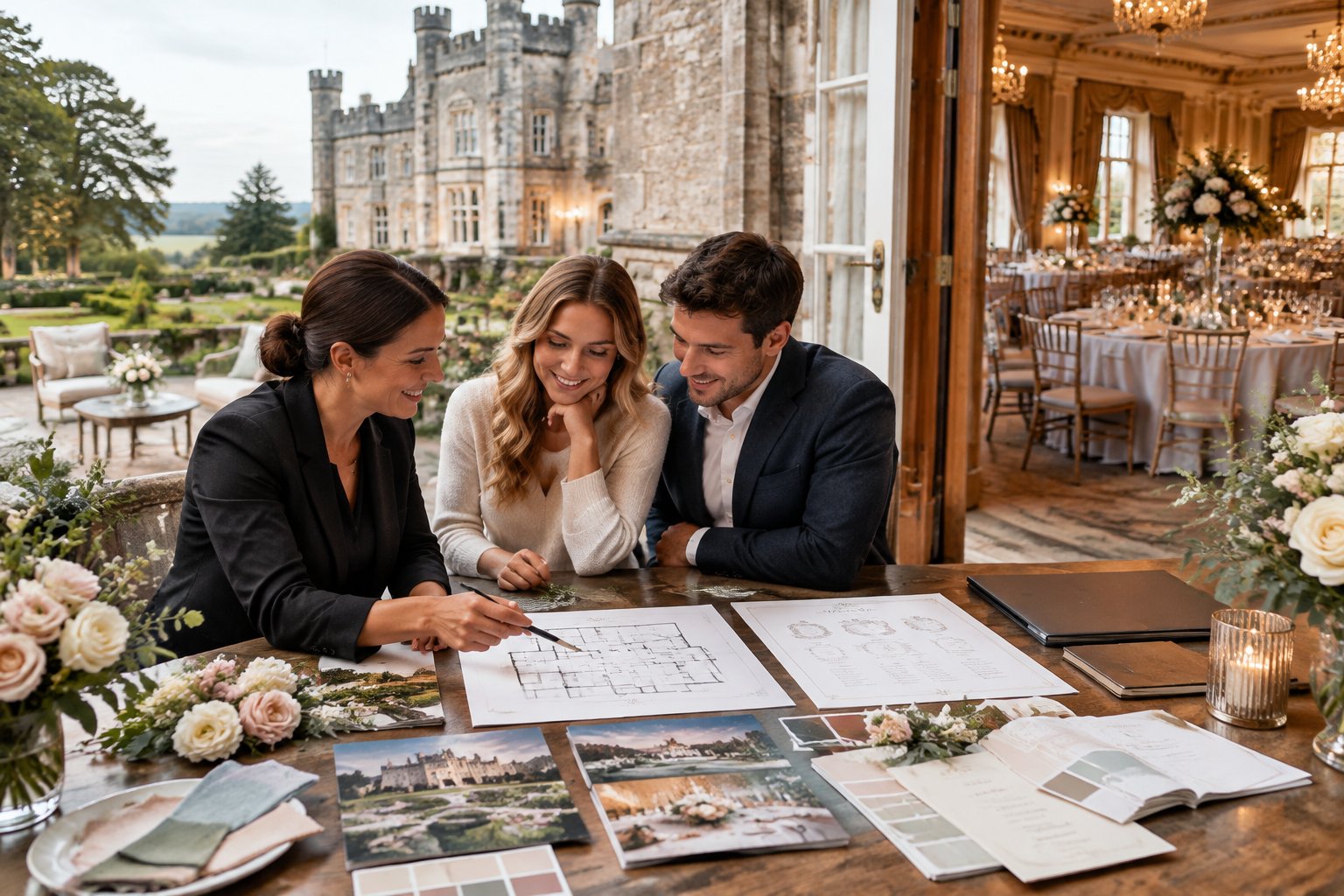 A couple and wedding coordinator plan a reception at a historic castle venue surrounded by landscaped gardens.