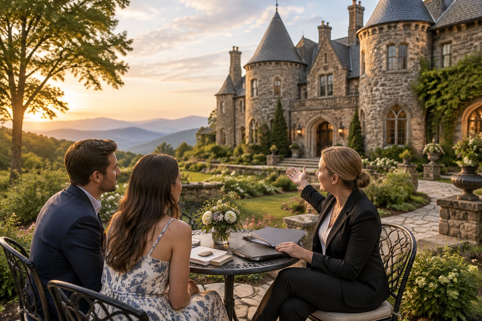 An engaged couple discusses wedding plans with a venue coordinator outside a historic stone castle in a landscaped garden.