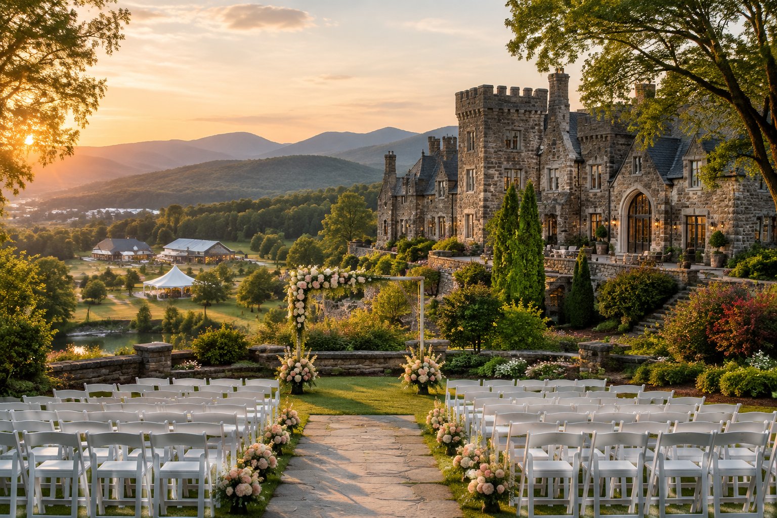 A stone castle-style wedding venue with a decorated outdoor ceremony area and mountain scenery.