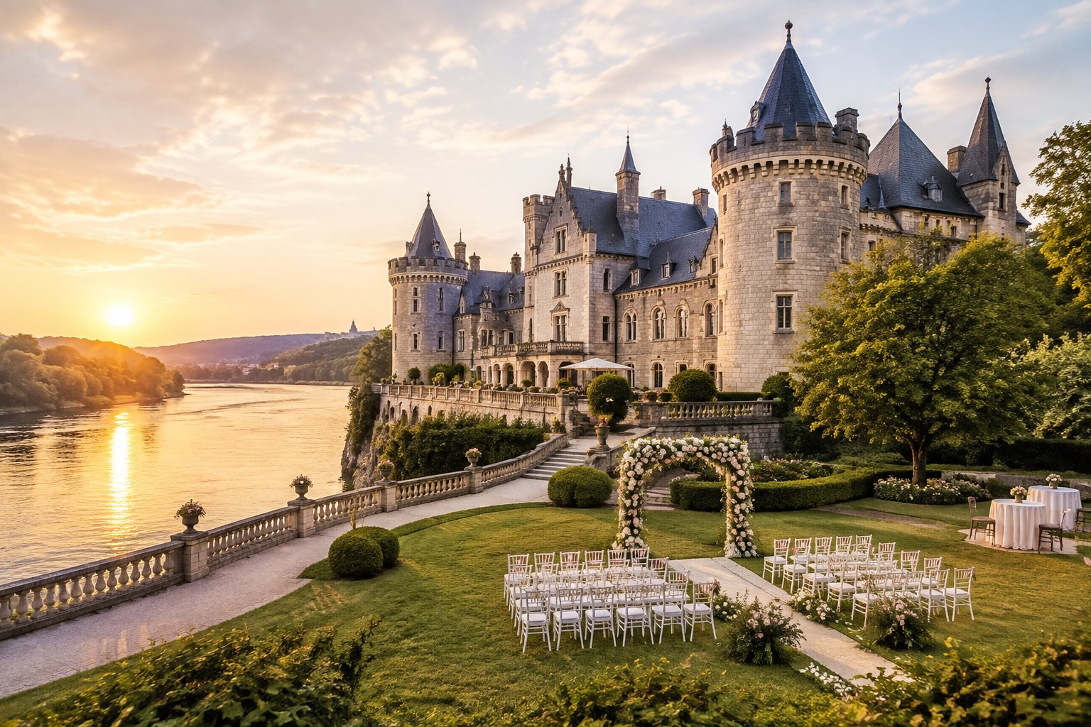 A grand castle wedding venue beside a calm river, surrounded by gardens and a decorated outdoor ceremony area.