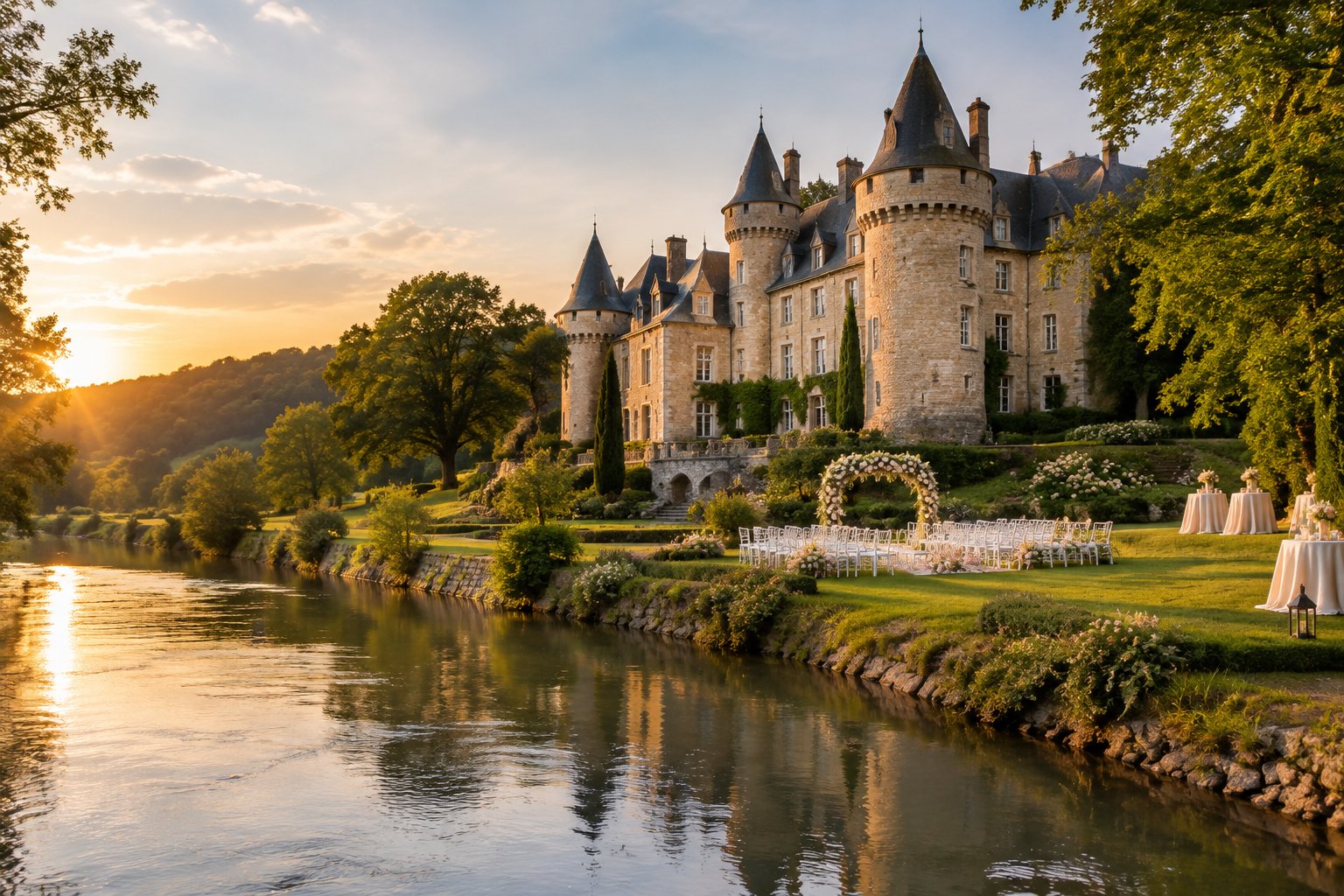 A historic castle wedding venue overlooking a calm riverside garden with elegant outdoor ceremony decorations.
