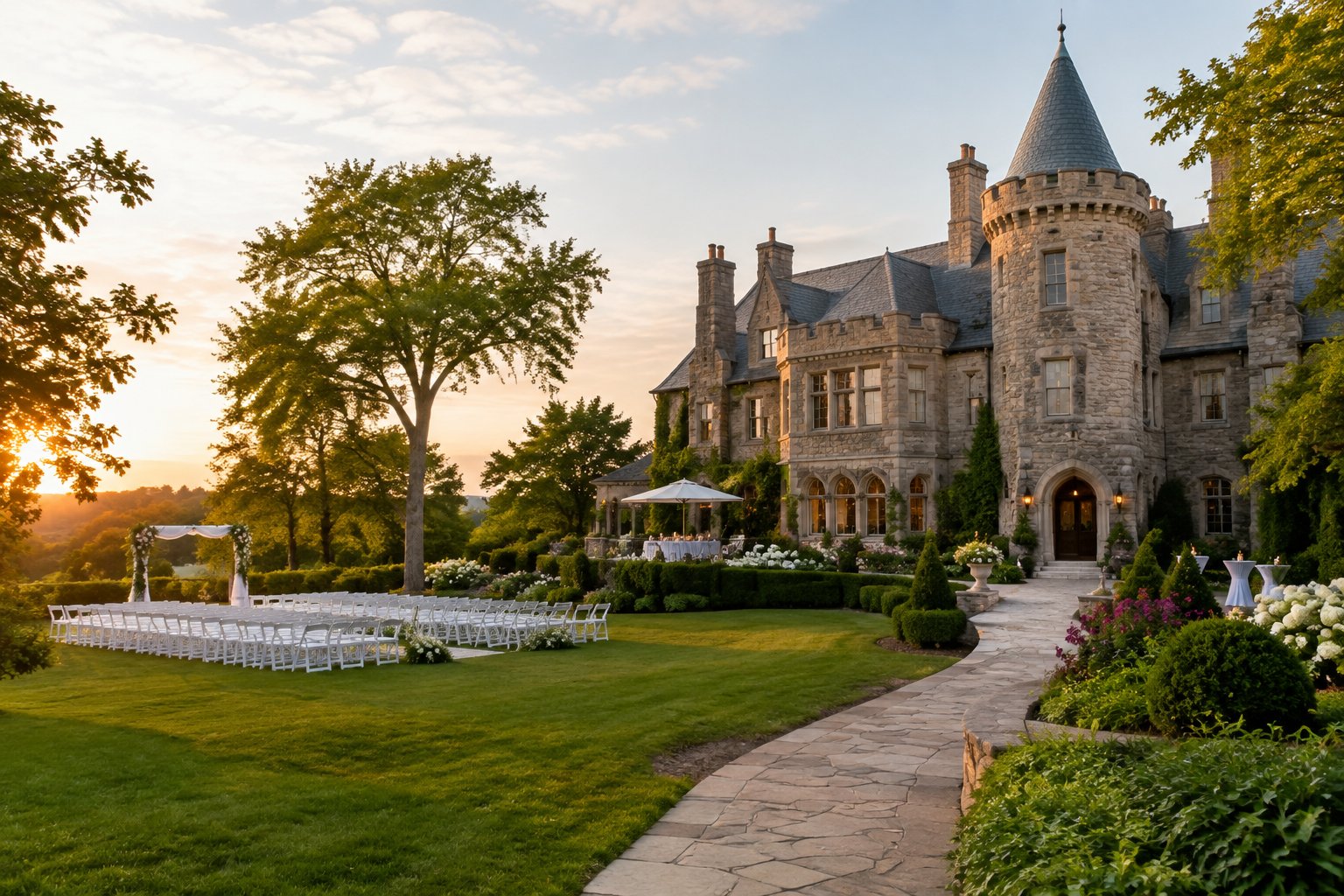 A grand castle-style wedding venue surrounded by gardens and a neatly arranged outdoor ceremony setting.