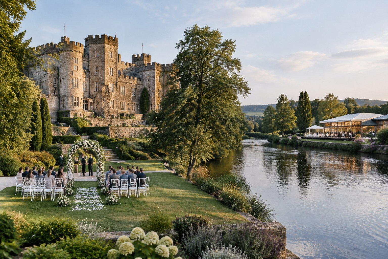 A historic castle beside a river with a landscaped wedding ceremony area and another riverside venue in the distance.