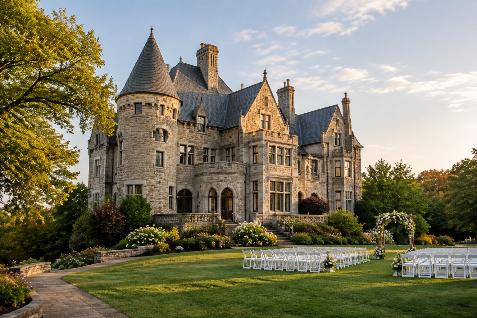 Historic Henderson Castle surrounded by landscaped grounds and a simple outdoor wedding ceremony setup.