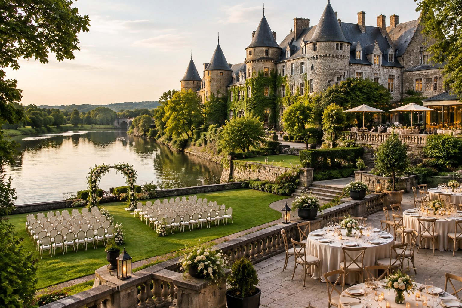 A riverside castle with a wedding ceremony area and reception tables arranged on the surrounding lawn.