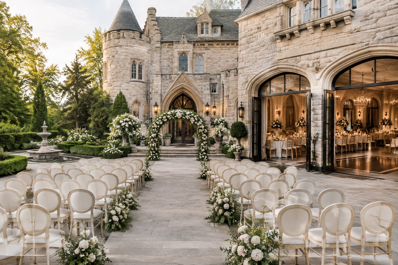 A castle-inspired wedding venue with an outdoor ceremony setup and an elegant reception hall.