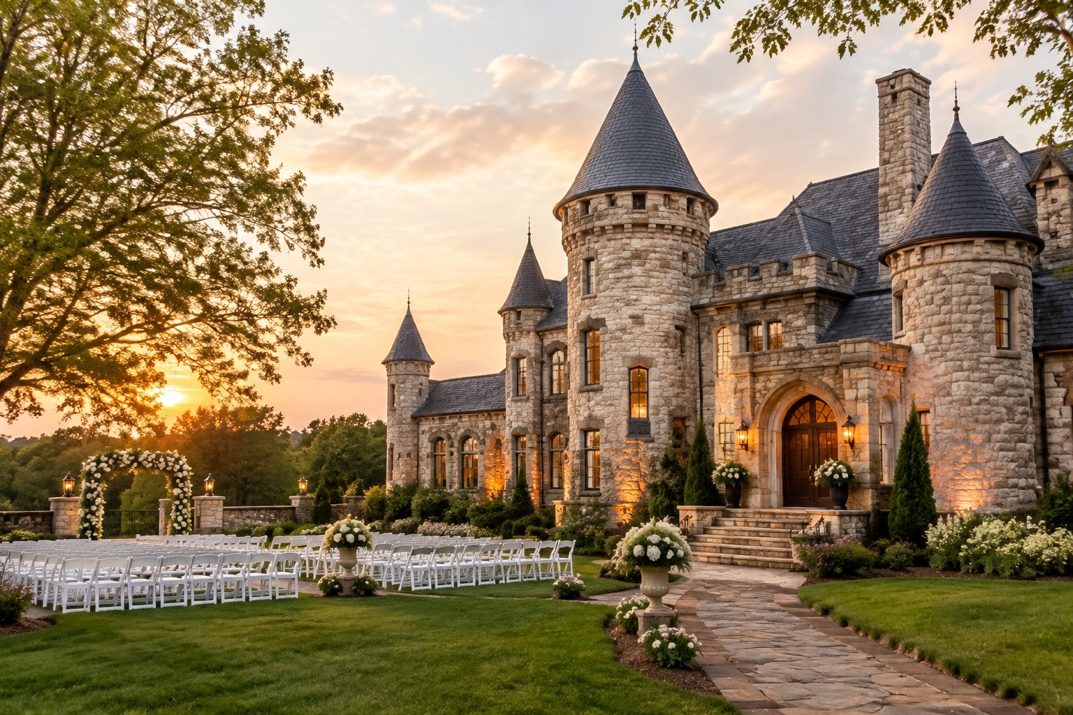 A stone castle-style wedding venue with turrets, landscaped grounds, and outdoor ceremony chairs.