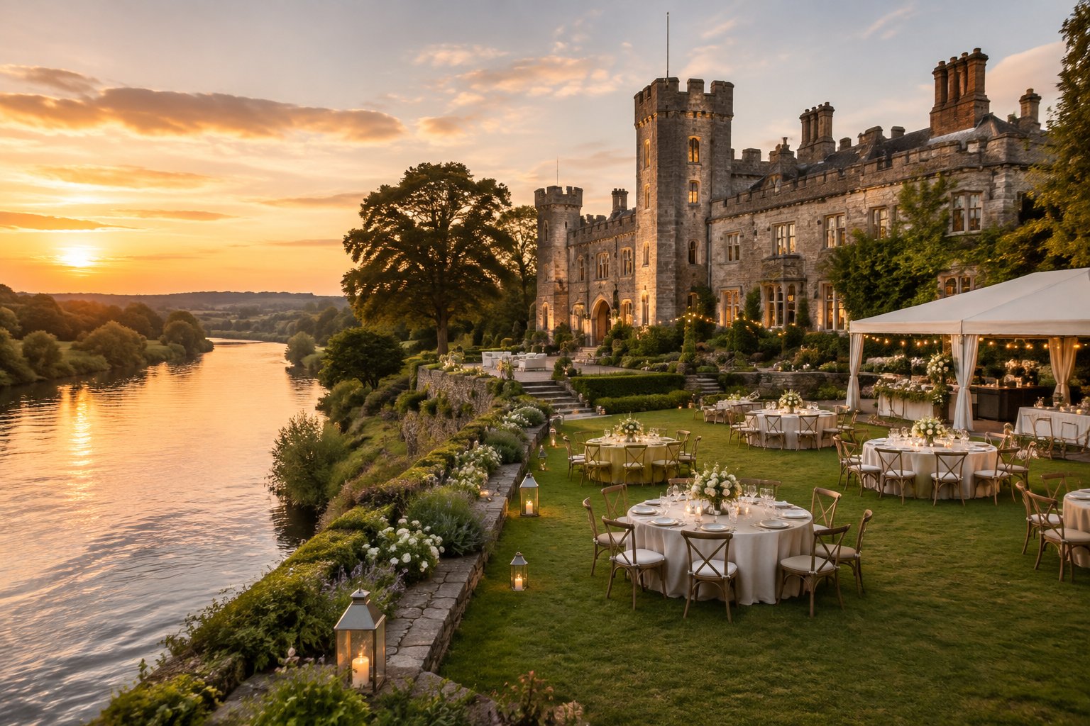 A historic castle wedding venue beside a calm river with an elegant outdoor reception setup.