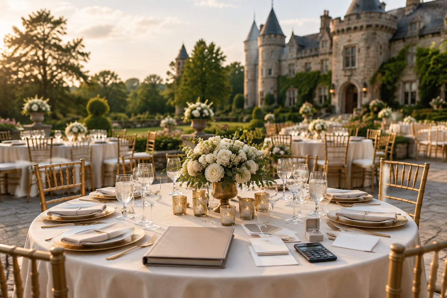 A castle wedding venue with elegantly arranged reception tables in a landscaped garden.