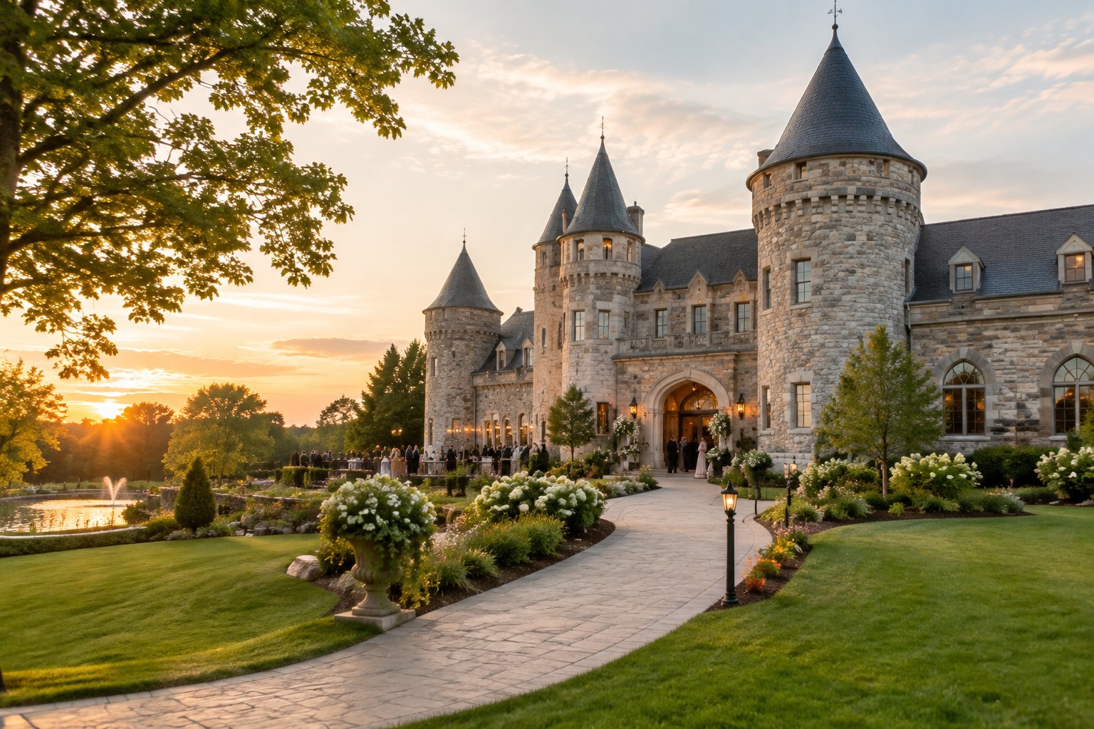 A stone castle-style wedding venue surrounded by landscaped gardens and trees.