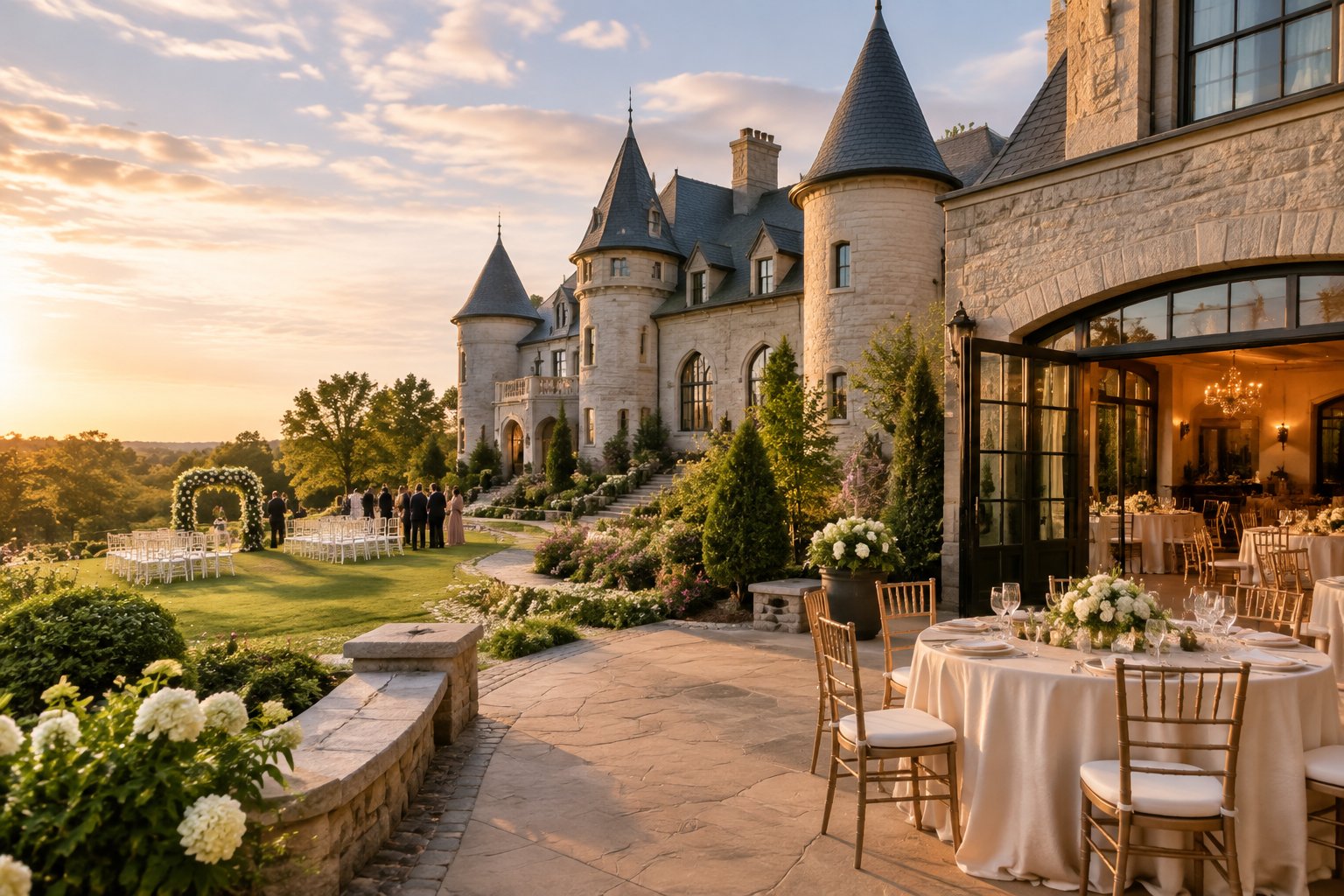A castle-inspired wedding venue with gardens, ceremony space, and elegantly arranged reception tables.