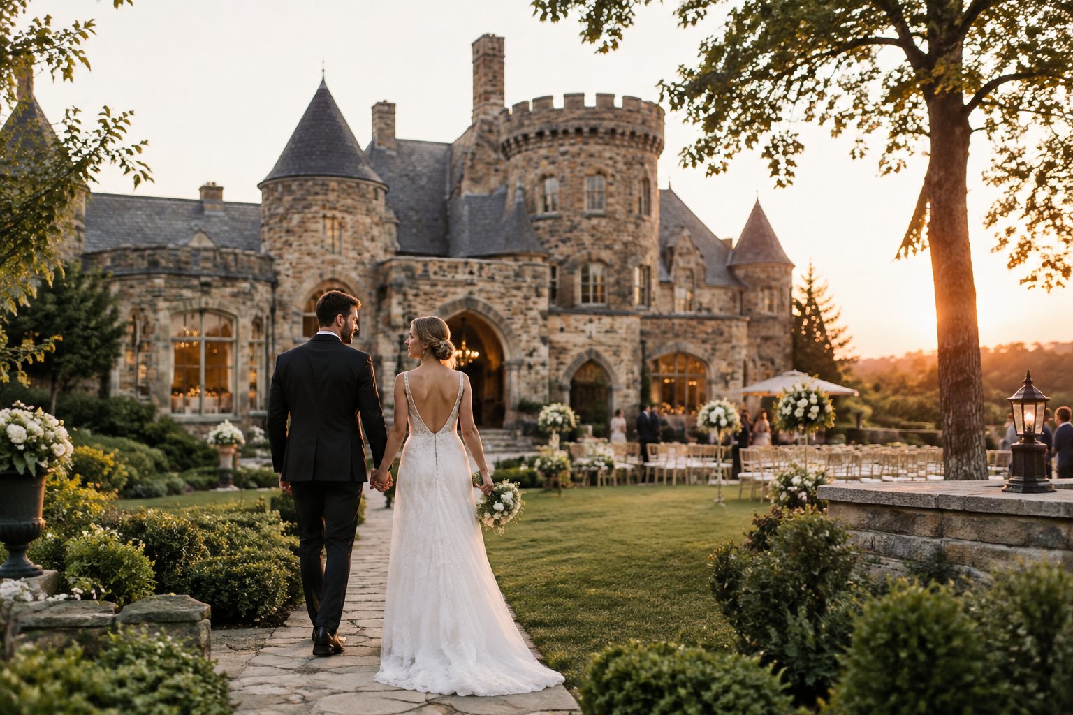 A newlywed couple walks through the gardens of a castle-style wedding venue.