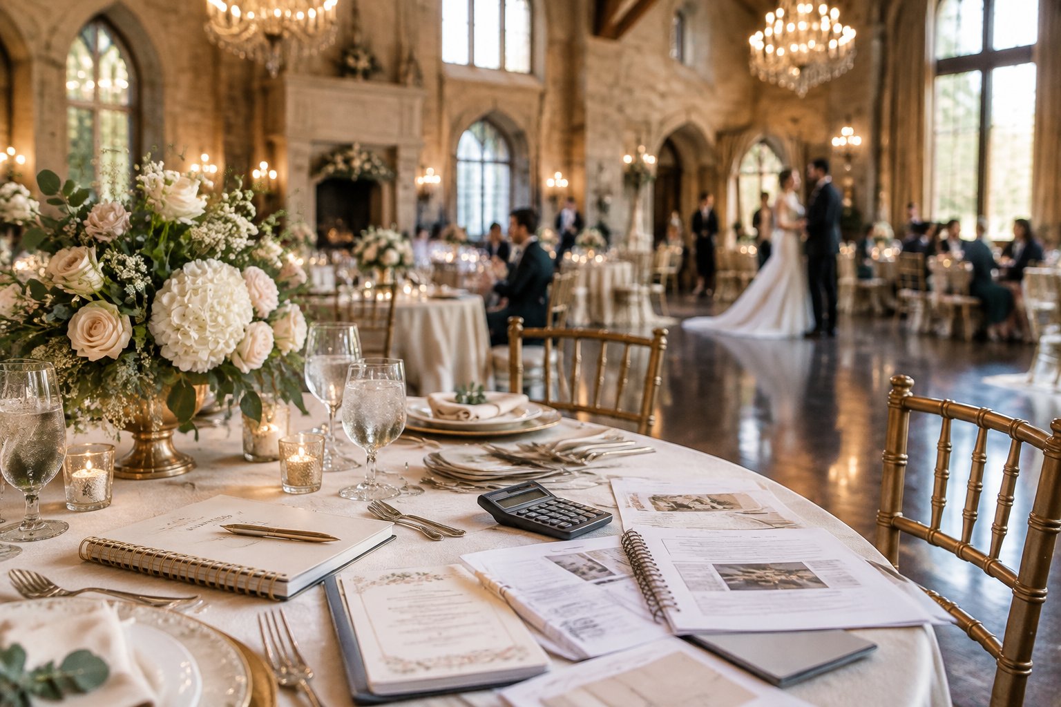 Elegant castle-style wedding reception hall in Howell with a decorated table and softly blurred guests.