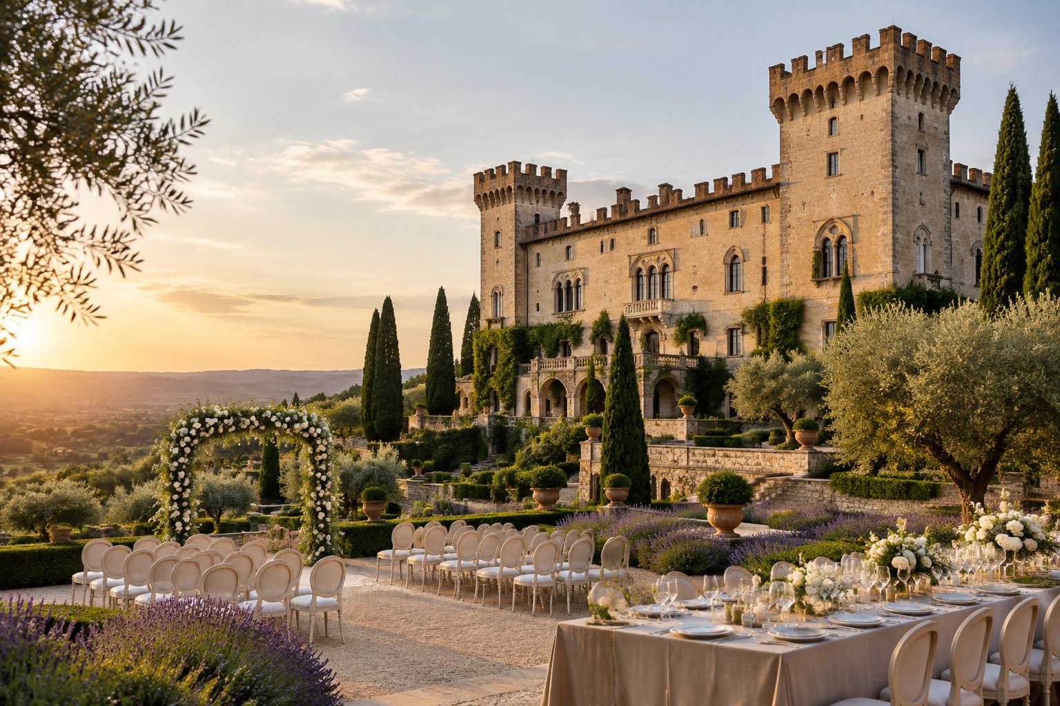 A historic castle wedding venue near Rome surrounded by gardens, with an outdoor ceremony and reception setup.