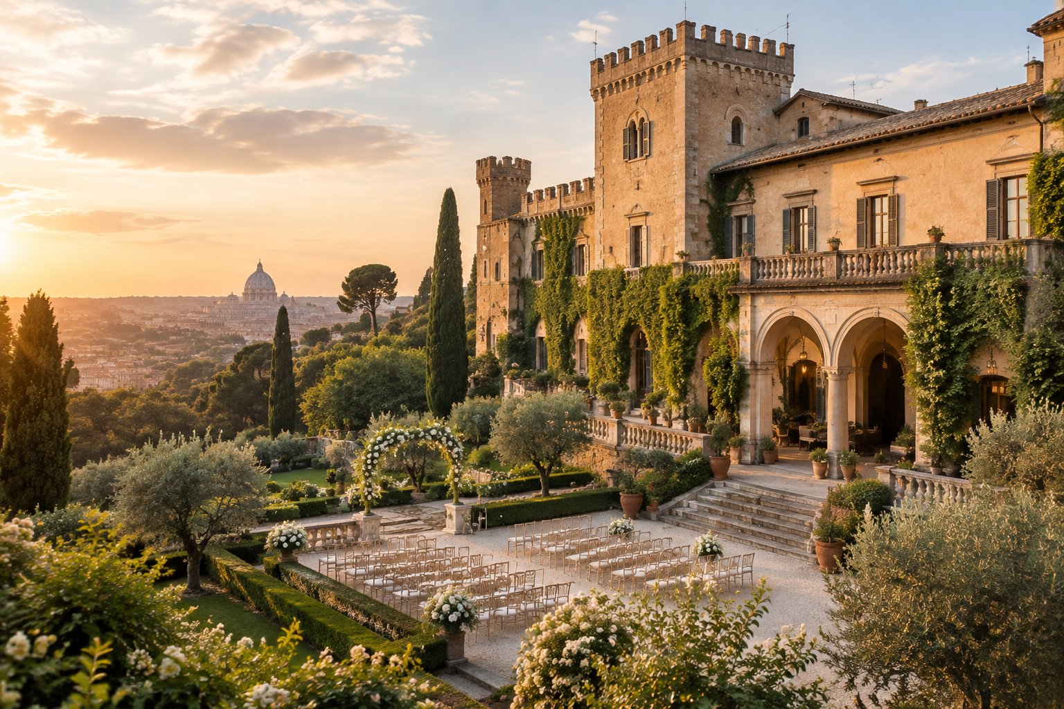 A historic castle estate in Rome surrounded by manicured gardens and an elegant outdoor wedding setting.