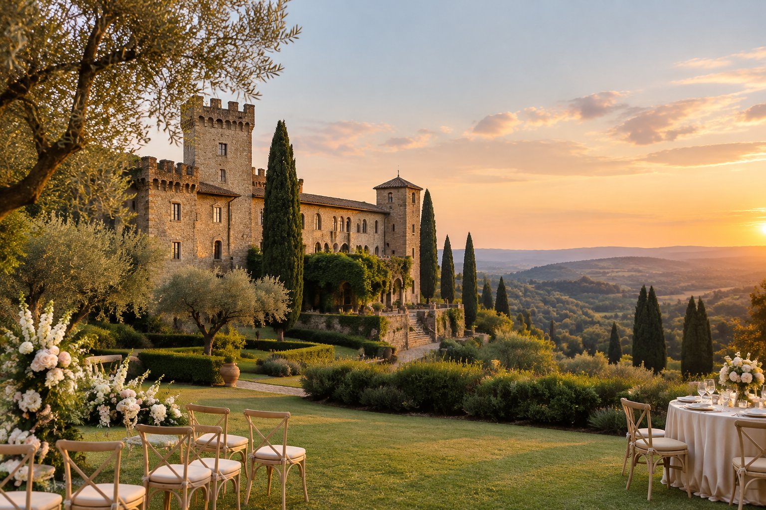 A historic stone castle wedding venue surrounded by gardens, cypress trees, olive trees, and rolling countryside near Rome.