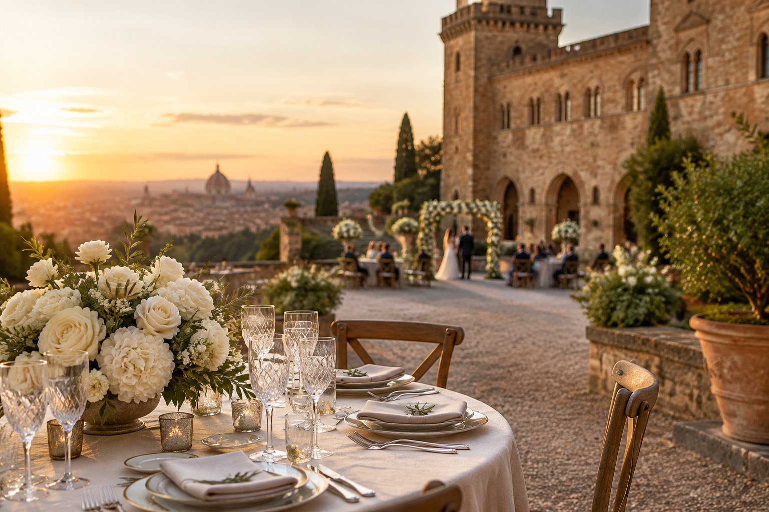 An elegant wedding reception set in the courtyard of a historic castle in Rome.