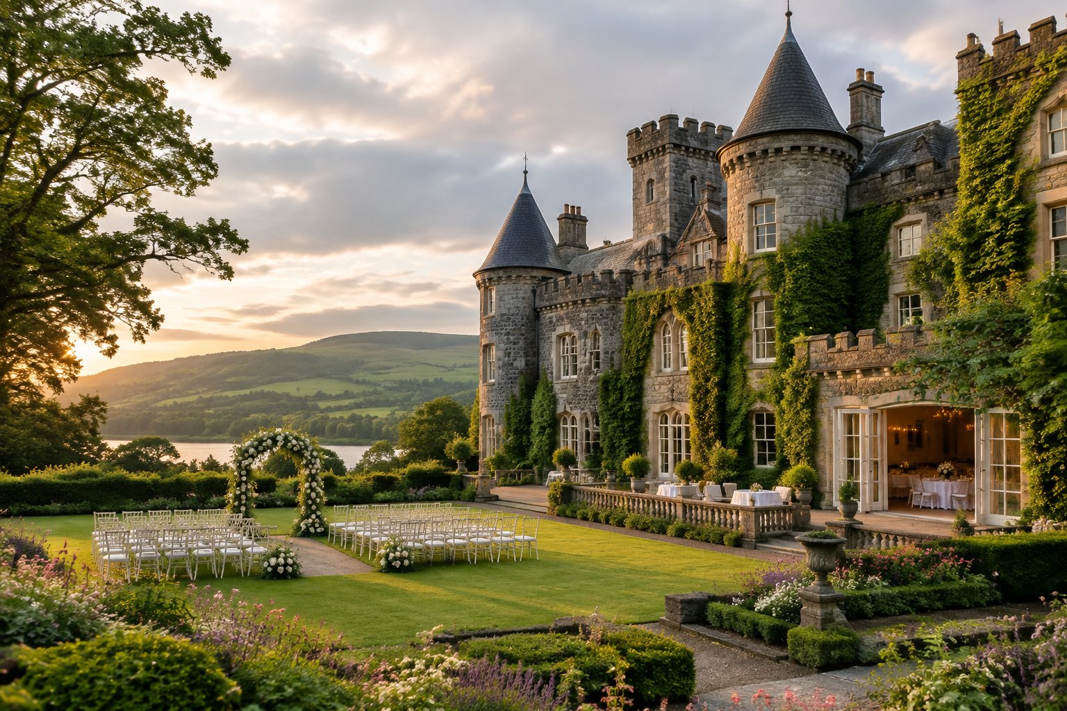 A historic Irish castle wedding venue surrounded by gardens, with white ceremony chairs and rolling green hills in the background.