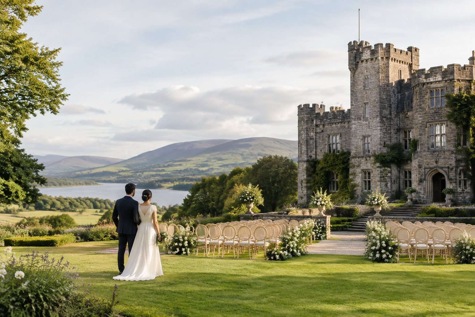 A couple views an elegant stone castle and wedding ceremony setting in the green Irish countryside.