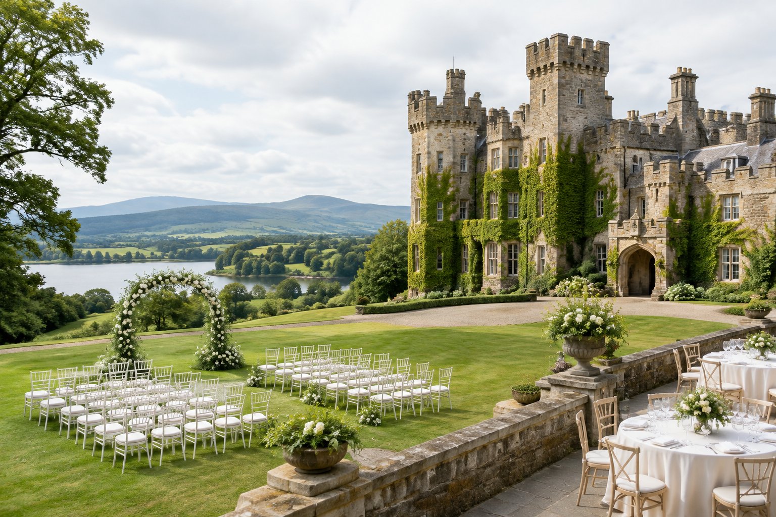 A historic stone castle wedding venue surrounded by green Irish countryside, with white ceremony chairs and a floral arch on the lawn.