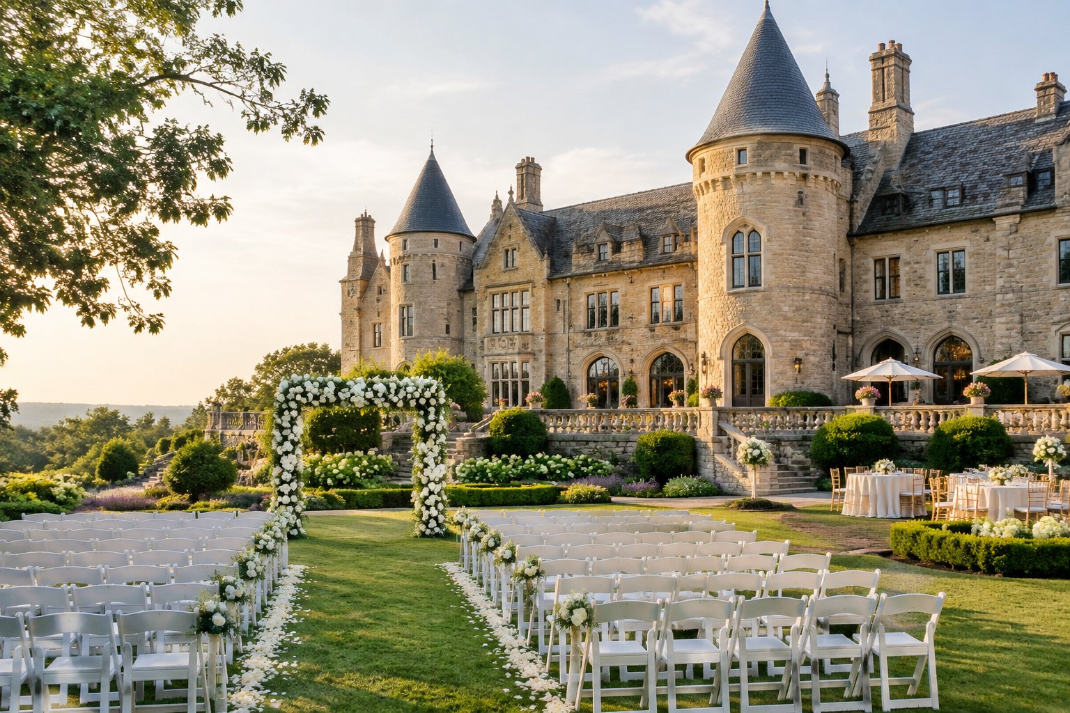 A stone castle wedding venue surrounded by gardens, with a decorated ceremony area and white chairs on the lawn.