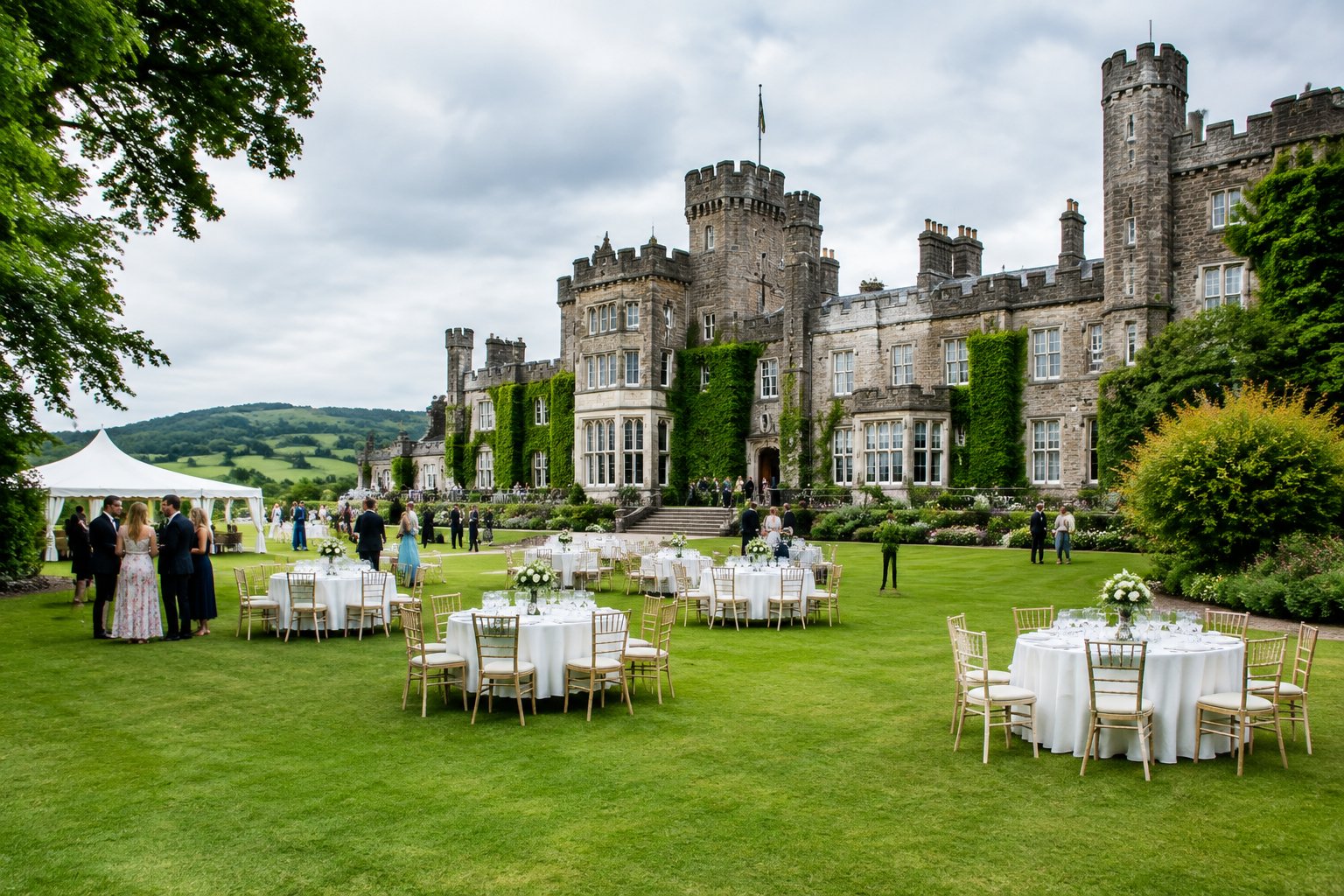 A historic Irish castle with a spacious lawn arranged for a wedding reception and a few guests nearby.