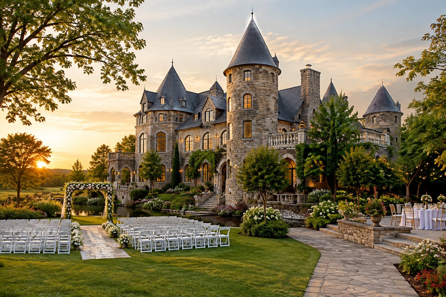 A stone castle-style wedding venue surrounded by gardens and a decorated outdoor ceremony area.