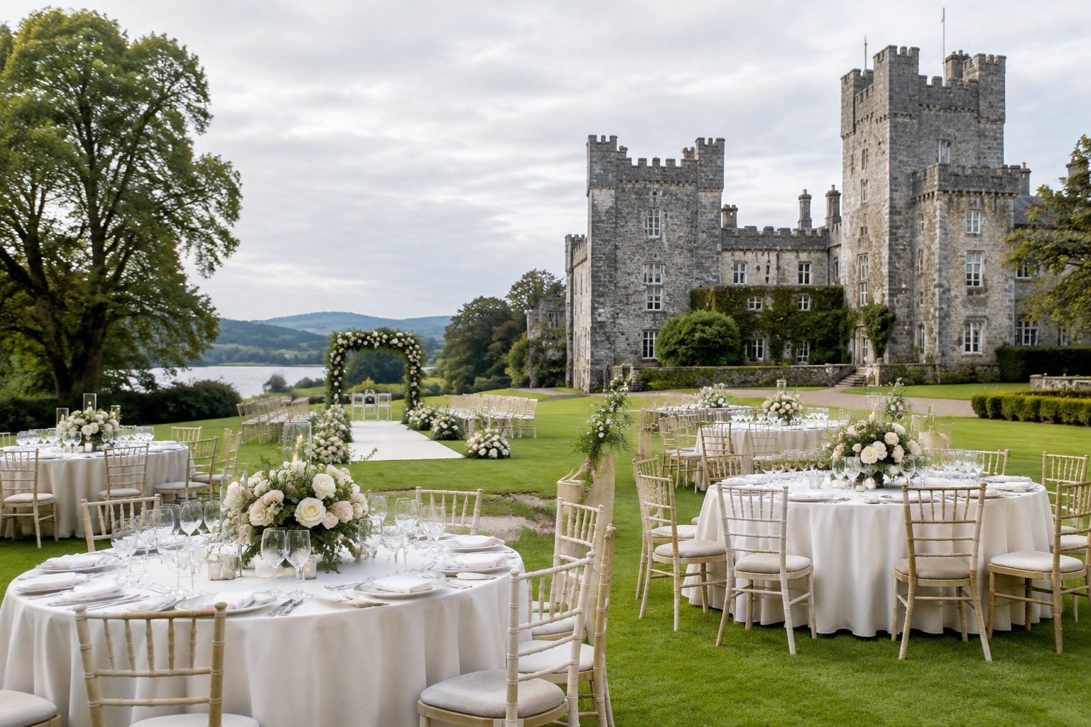 An elegant wedding reception arranged on the lawn of a historic Irish castle.