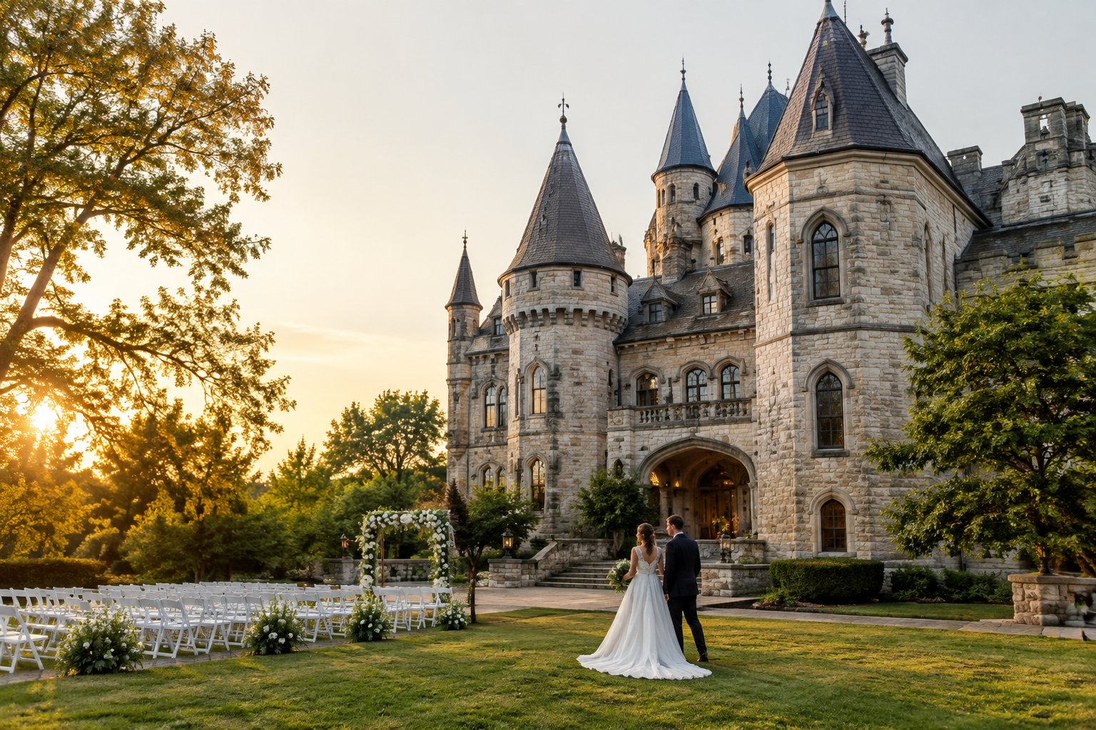 A couple admires a historic castle-style wedding venue surrounded by gardens and wedding decorations.