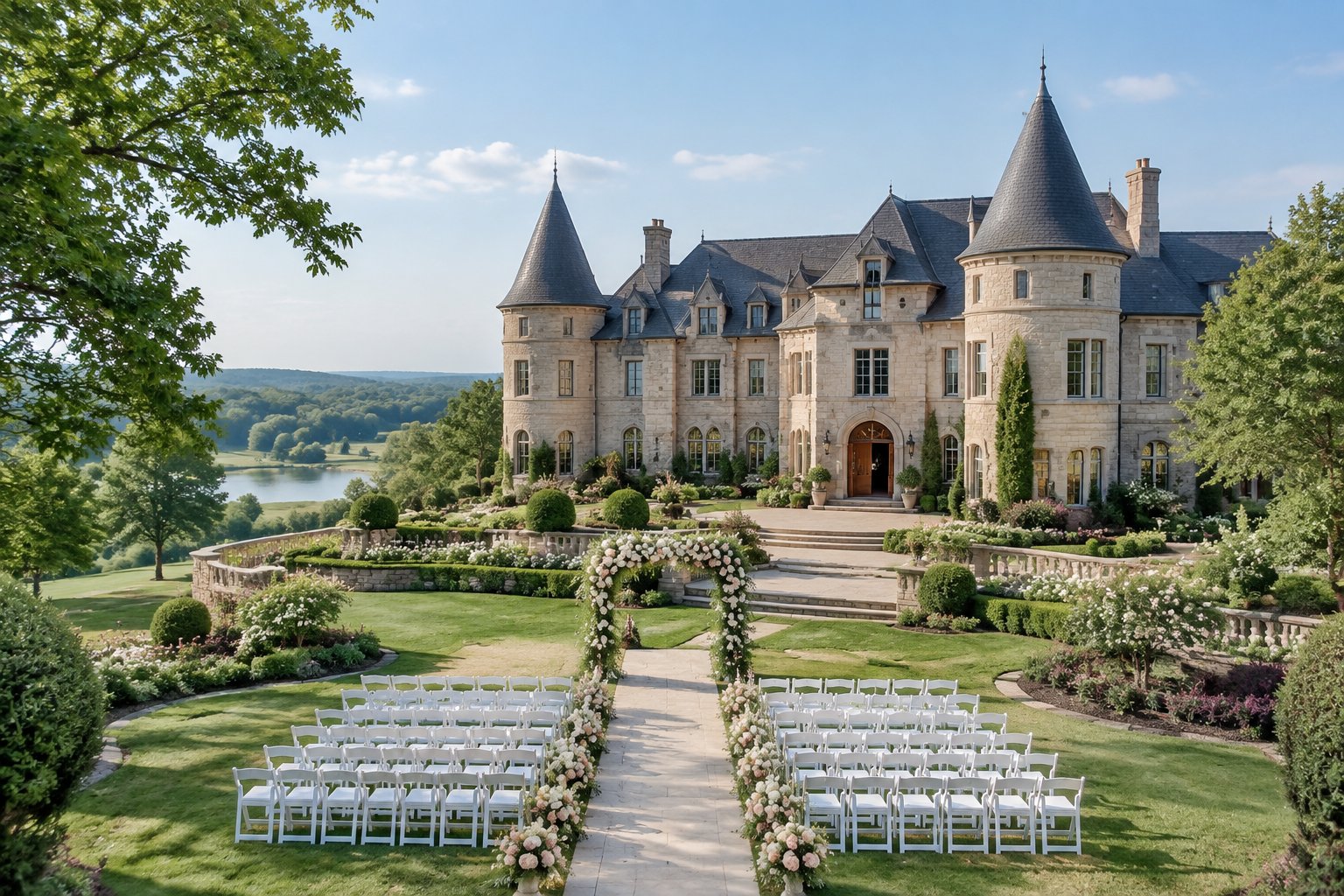 A stone castle-style wedding venue surrounded by gardens and green countryside, with white ceremony chairs arranged beneath a floral arbor.