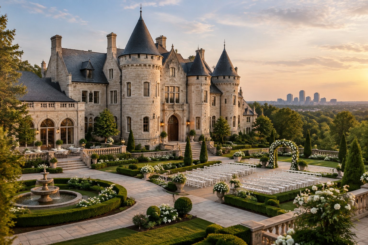 A grand stone castle wedding venue surrounded by formal gardens and manicured pathways.