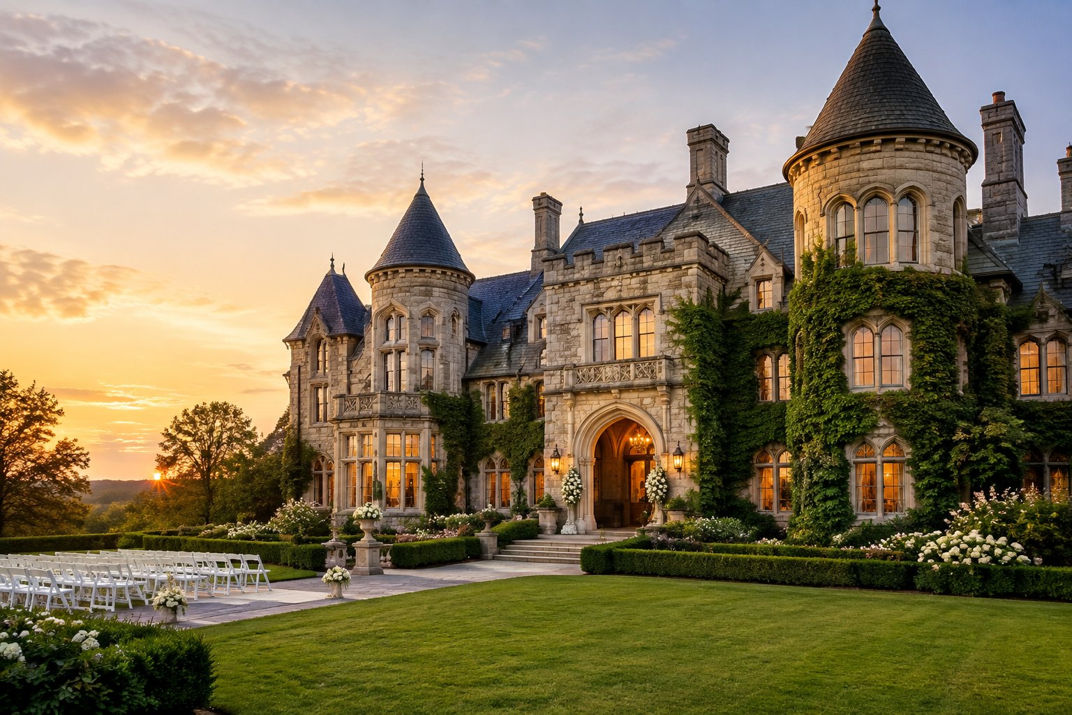 A grand stone castle wedding venue surrounded by gardens and arranged ceremony chairs.