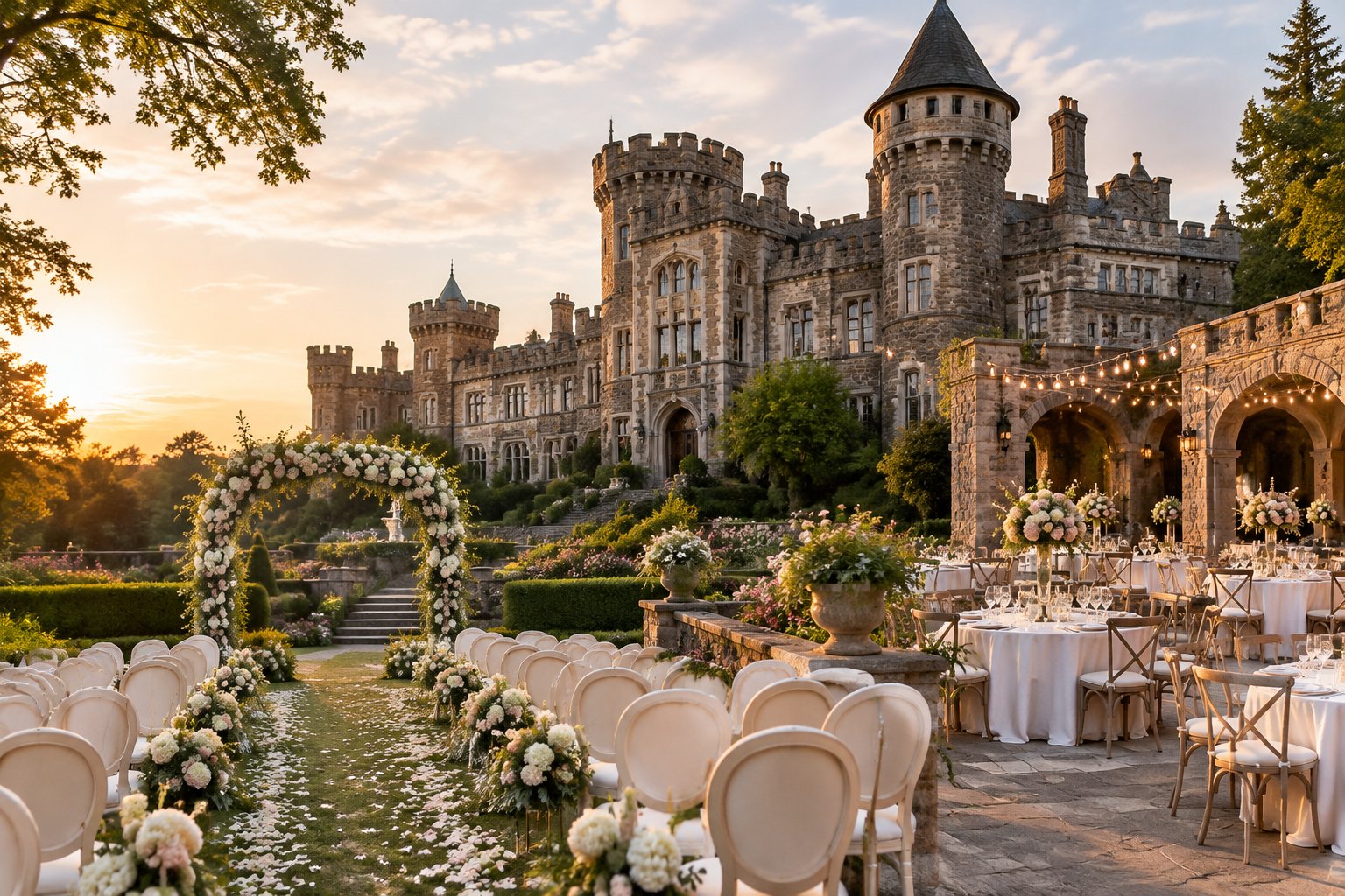 A wedding ceremony and reception set in the landscaped courtyard of a grand stone castle.
