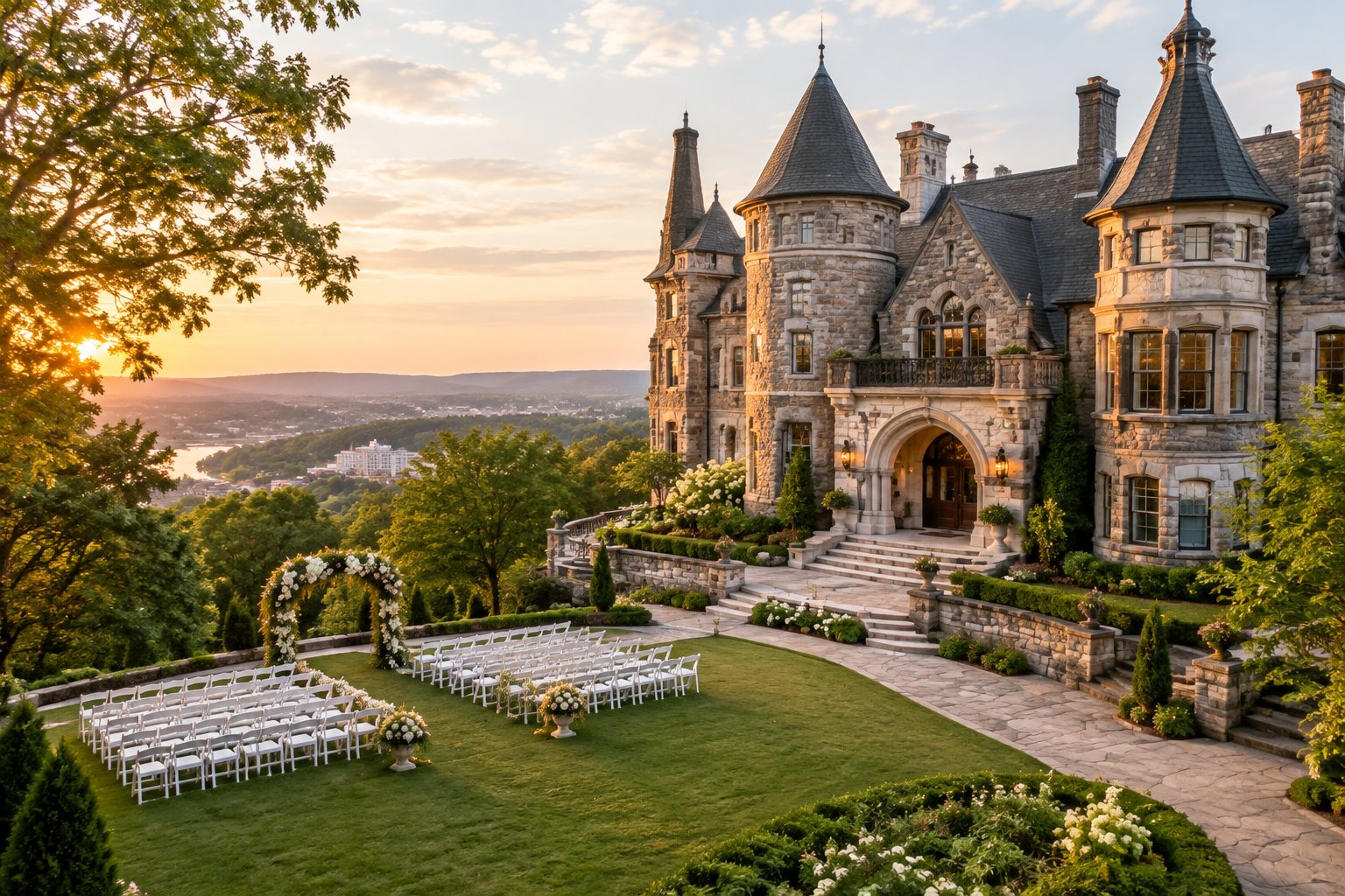 A grand castle-style wedding venue surrounded by gardens and an outdoor ceremony setup.