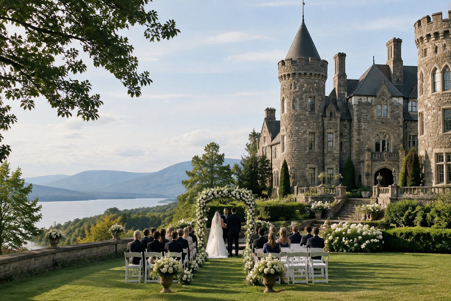 A stone castle wedding venue overlooking landscaped gardens with white ceremony chairs and a floral arch.