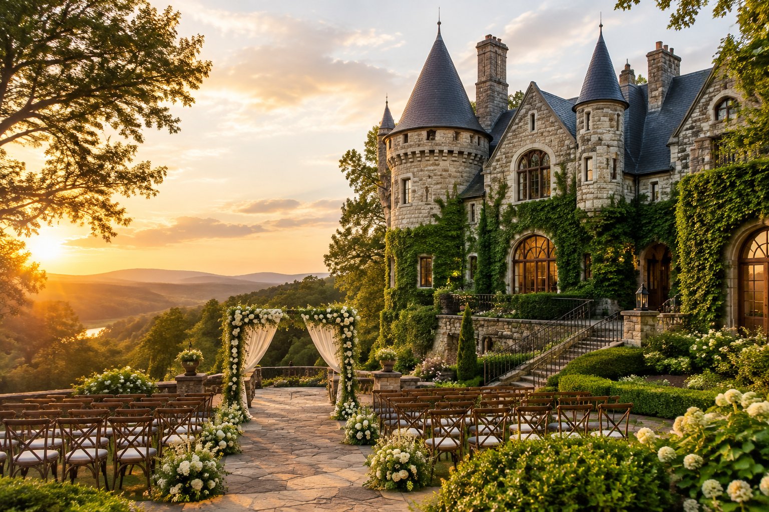 A stone castle wedding venue surrounded by gardens and greenery at golden hour.