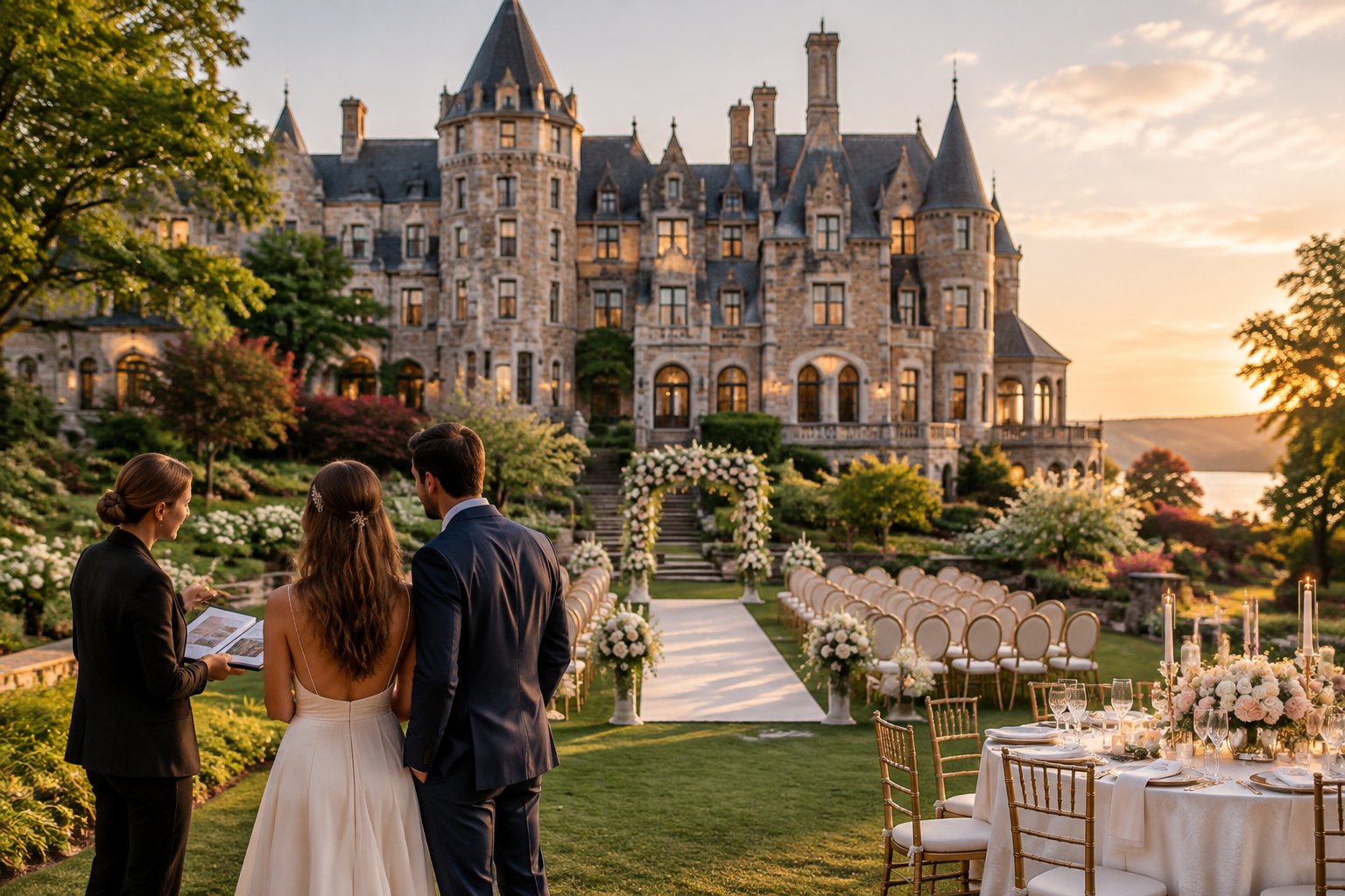 A couple explores a historic castle wedding venue with an elegant ceremony and reception setup.