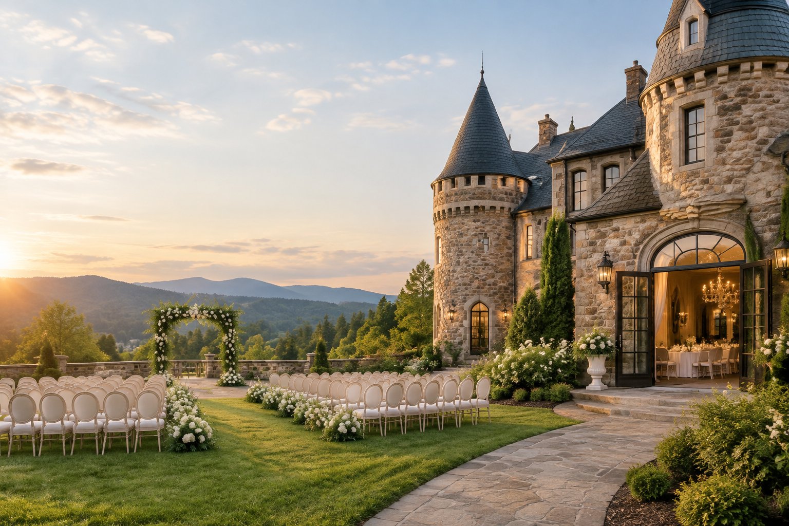 A castle-style wedding venue with landscaped gardens, ceremony chairs, and surrounding hills.