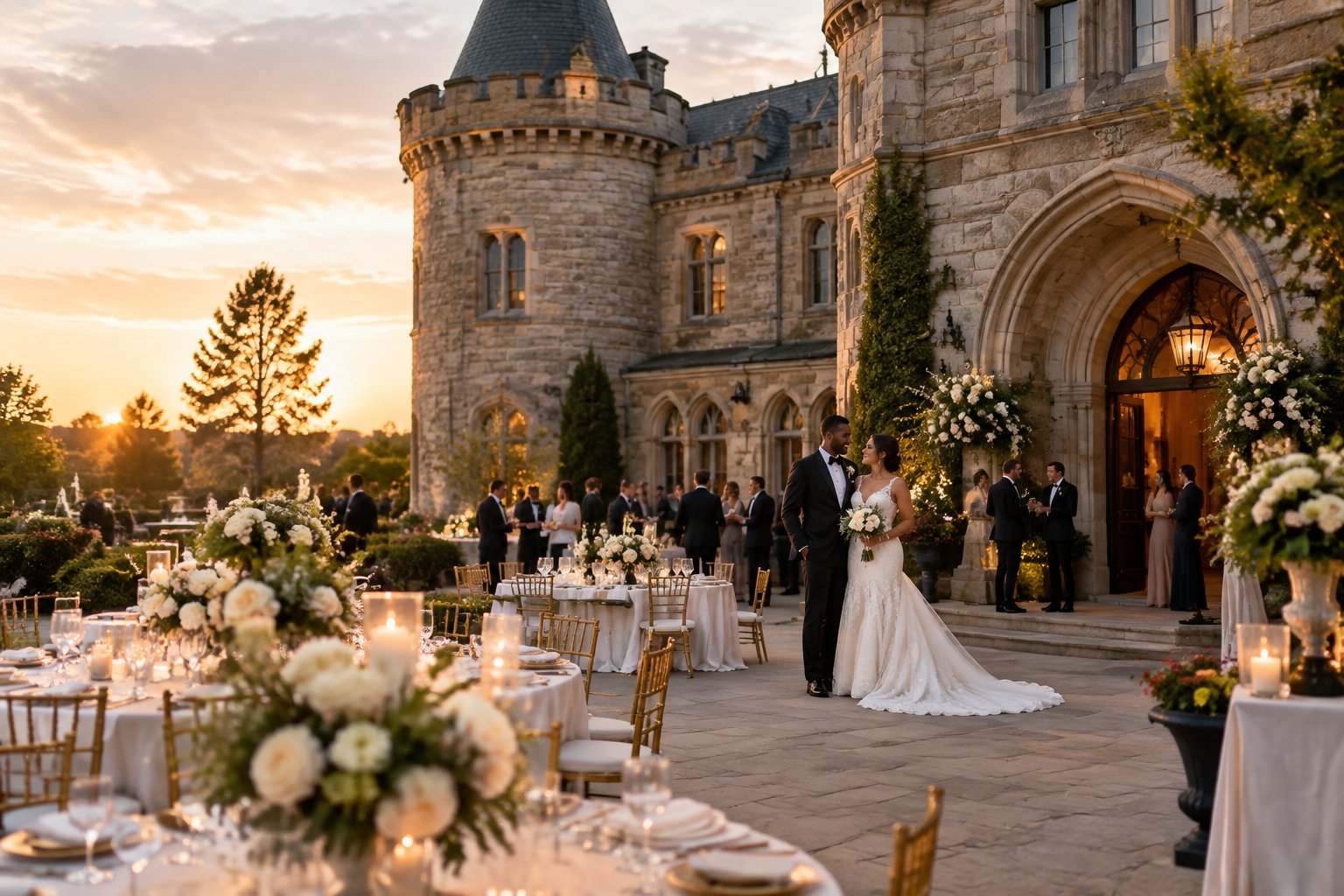 A newlywed couple celebrates with guests outside an elegant stone castle wedding venue.