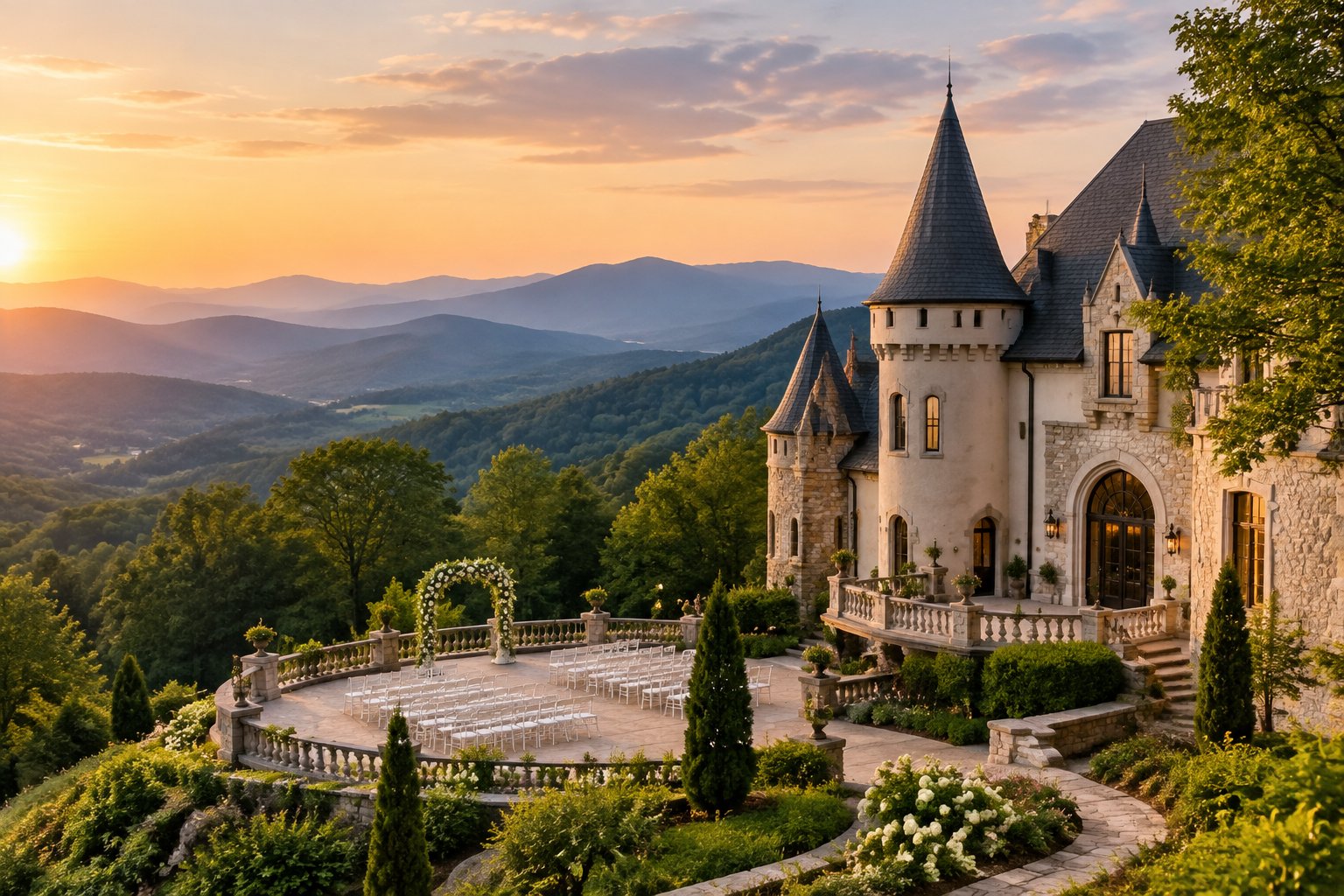 A castle-inspired wedding venue surrounded by gardens and the Smoky Mountains.