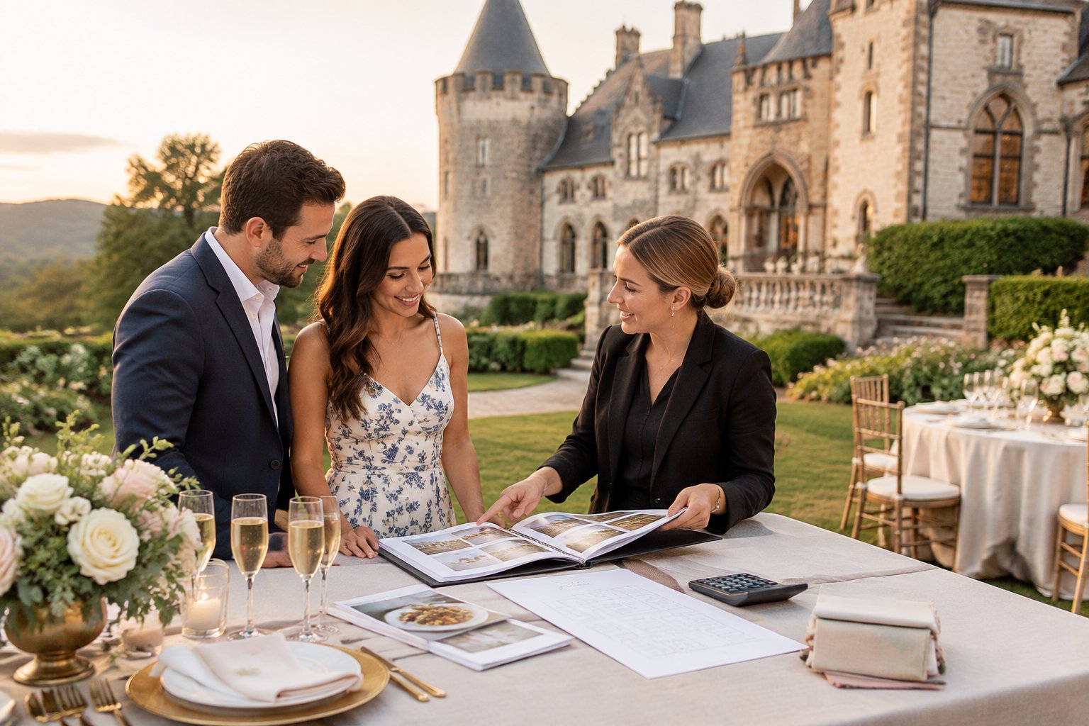 An engaged couple discusses wedding plans with a venue coordinator outside a castle-style wedding venue.