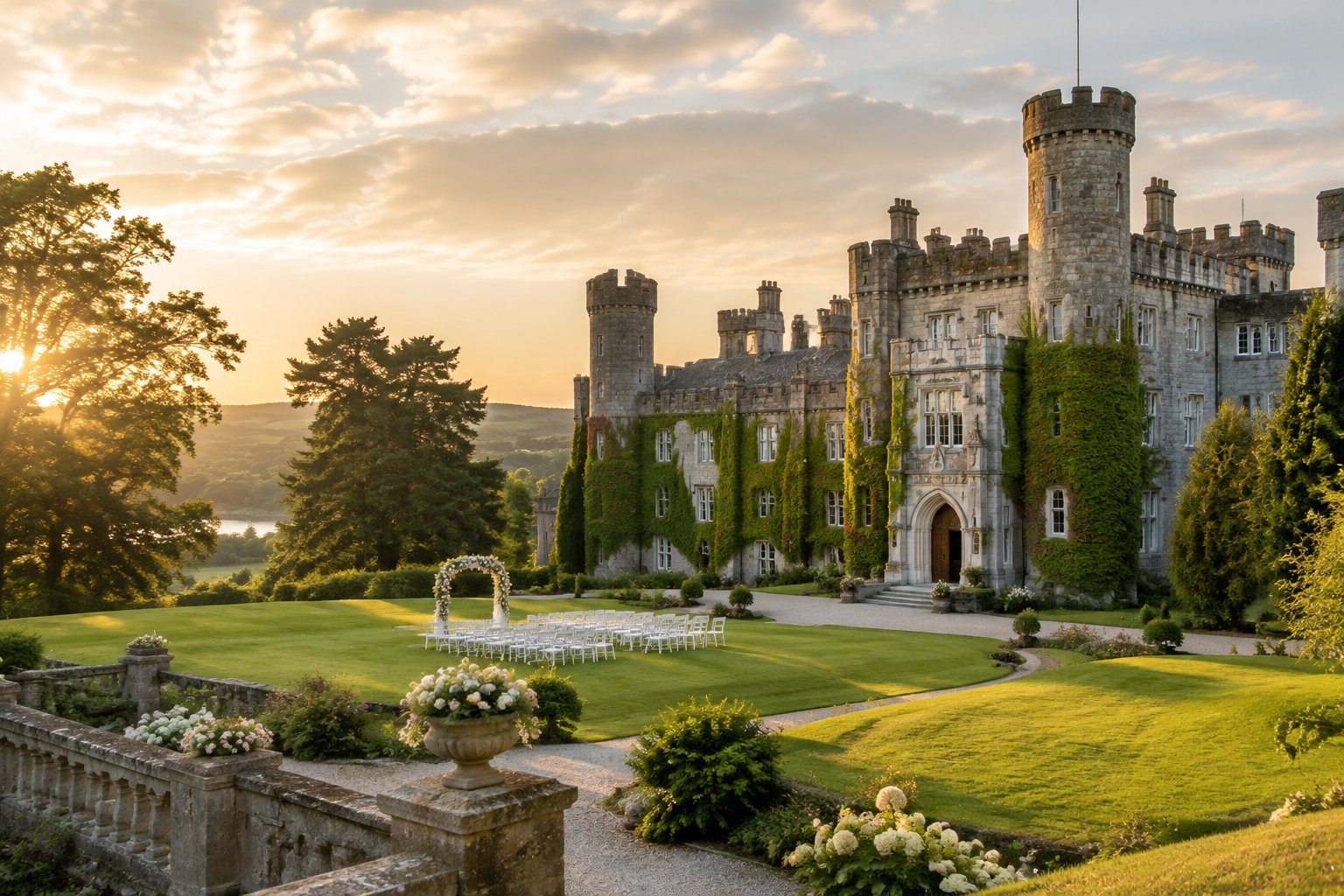 A historic stone castle wedding venue surrounded by gardens, green lawns, and rolling countryside.