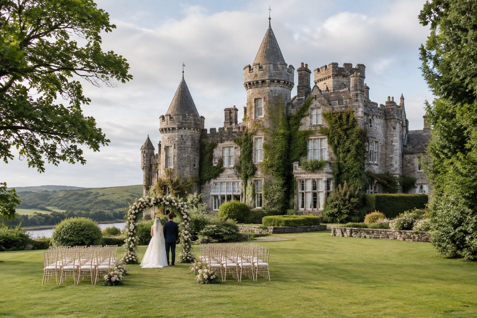 A historic stone castle surrounded by green lawns with an outdoor wedding ceremony arranged in front.