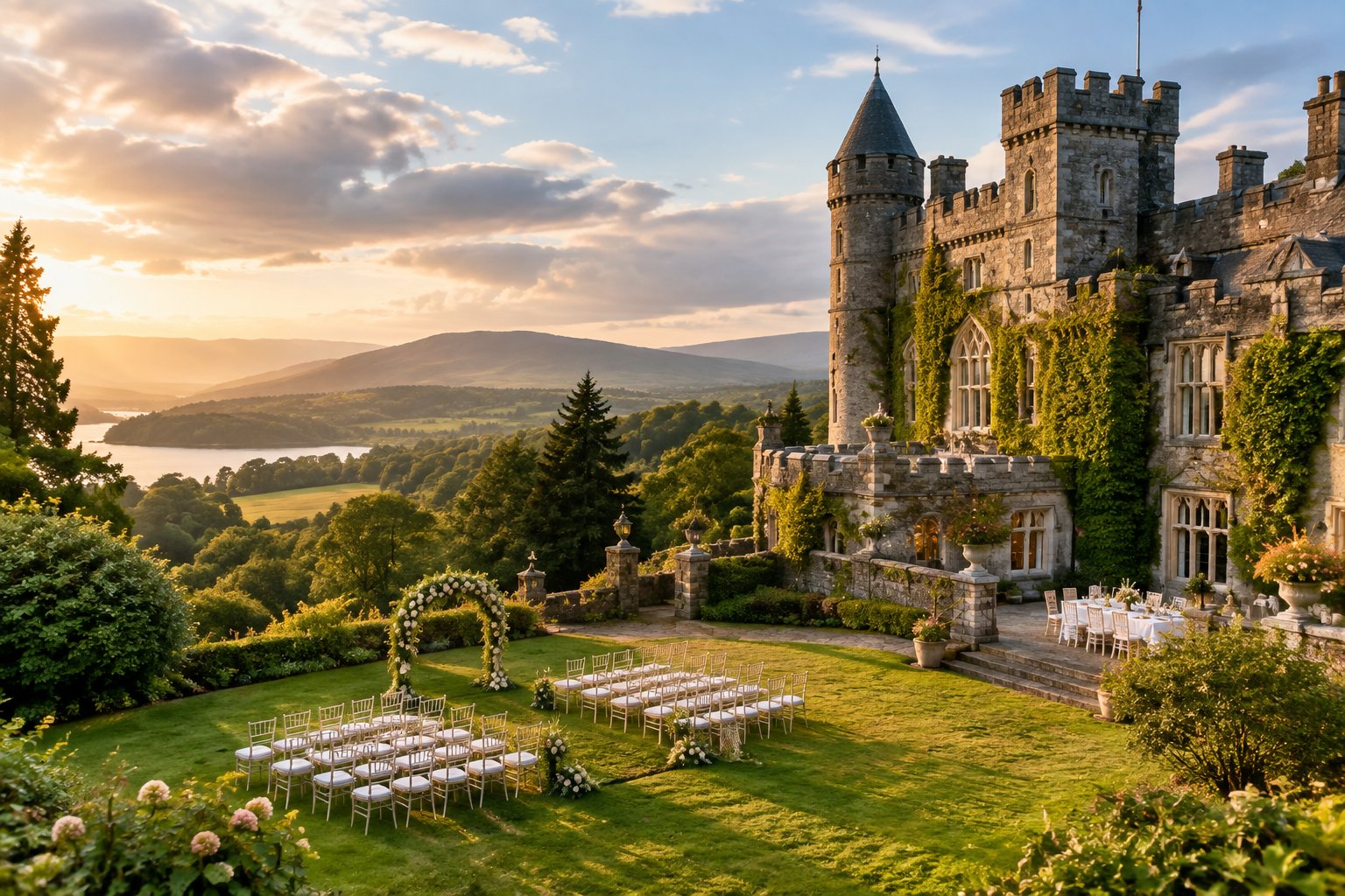 A historic stone castle surrounded by green lawns and countryside, prepared for an outdoor wedding ceremony.