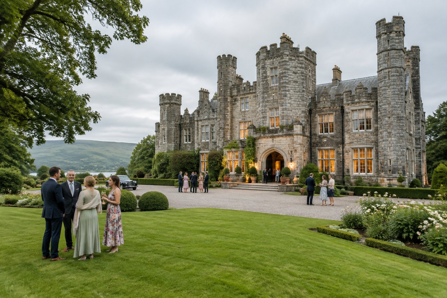 Wedding guests gather outside a historic stone castle in the Irish countryside.