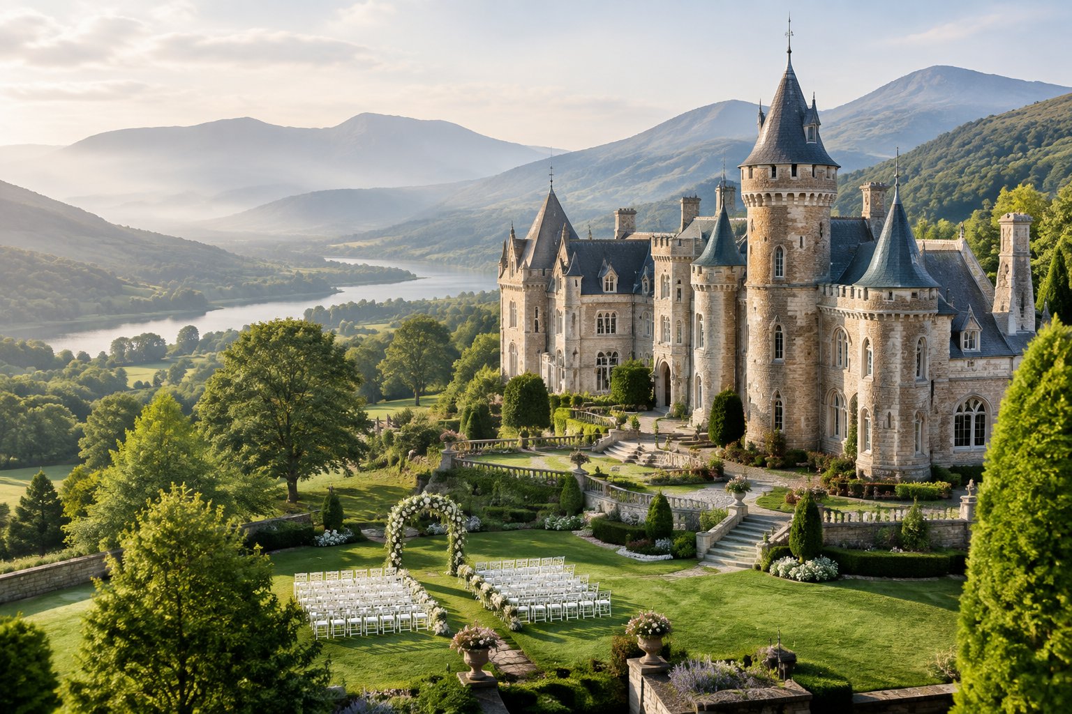 A grand castle wedding venue surrounded by gardens in a green mountain valley.