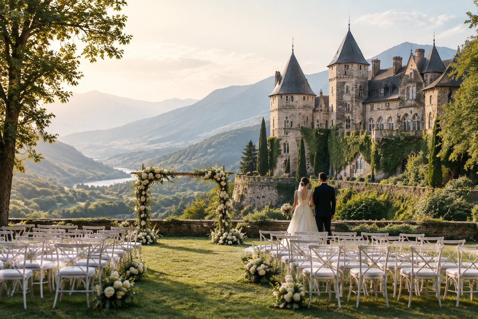 An elegant outdoor wedding ceremony beside a historic castle in a green mountain valley.