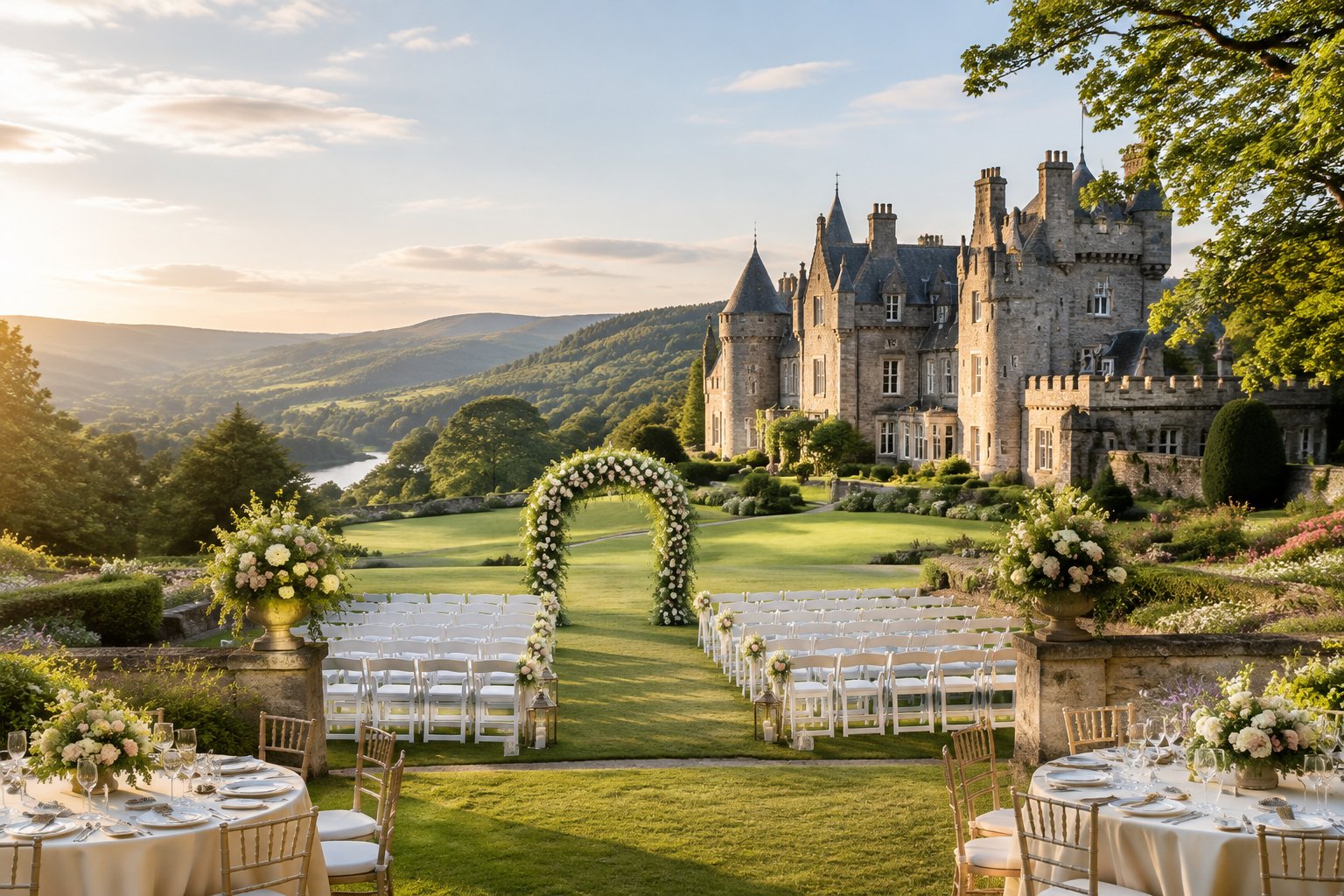 A grand stone castle wedding venue overlooking a green valley, with a floral ceremony arch and arranged chairs on the lawn.