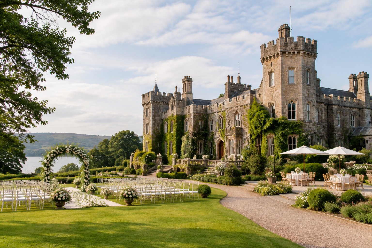A historic stone castle surrounded by landscaped gardens with an elegant outdoor wedding ceremony setup.