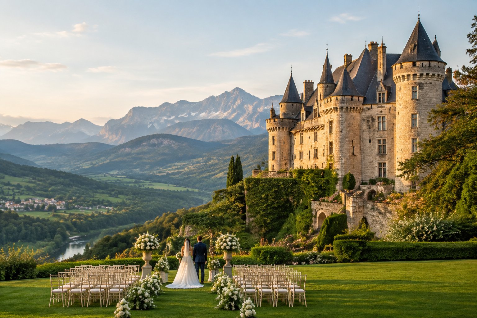 A historic stone castle overlooks a green valley with mountains beyond, while an elegant outdoor wedding ceremony is arranged on the lawn.